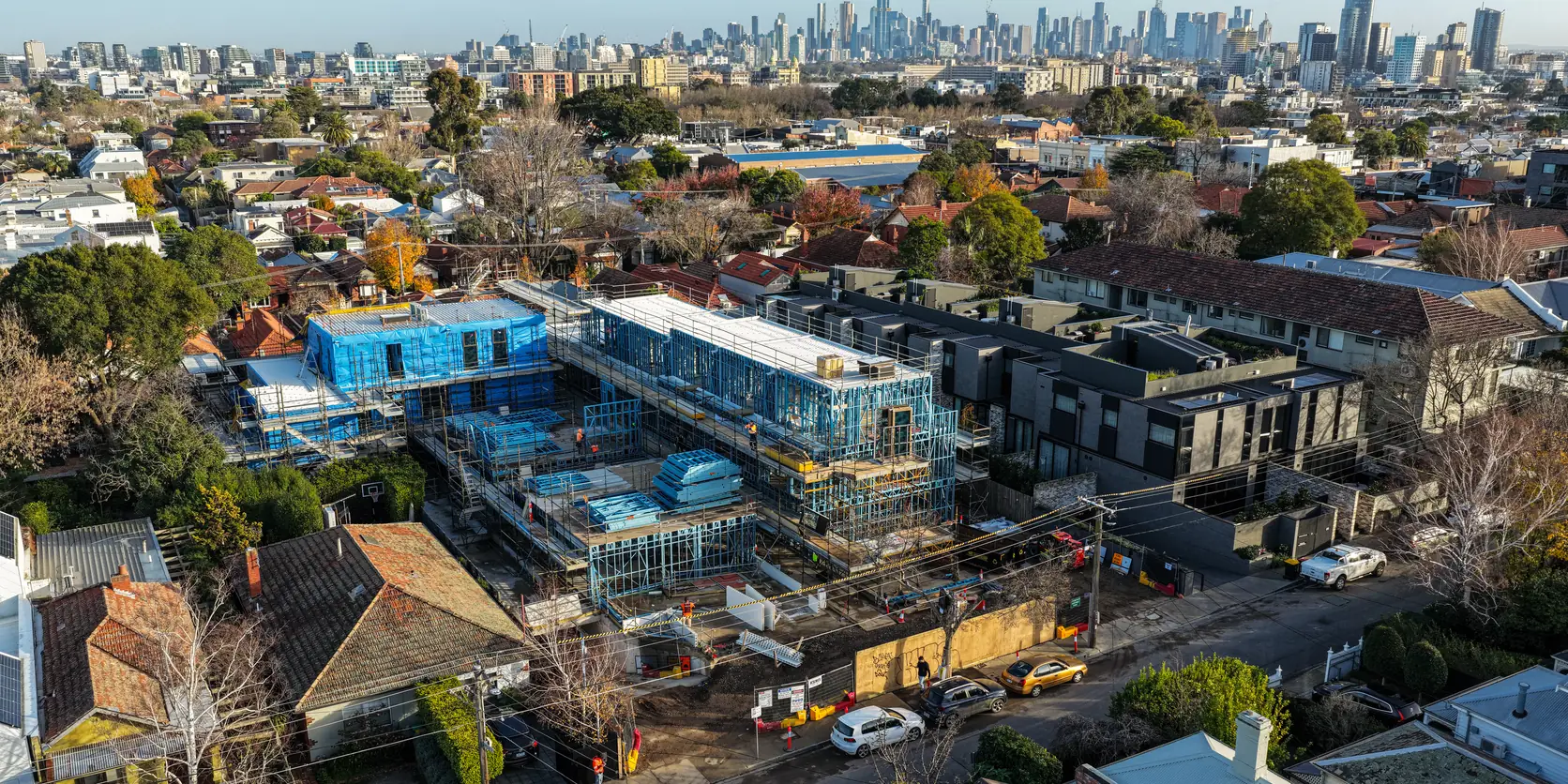 Drone view of the Holmes Plumbing Prahran townhouse development