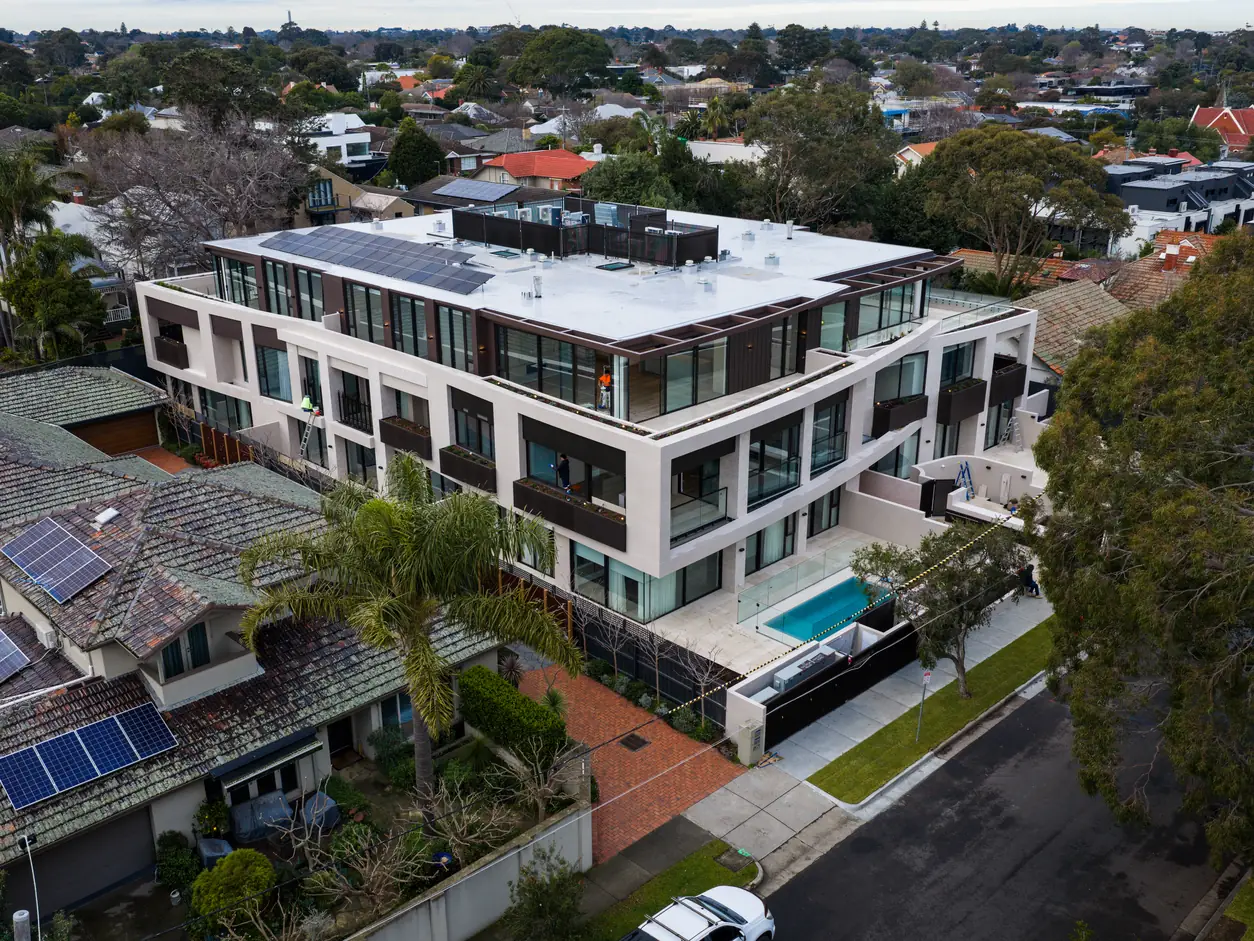Drone view of the Kover luxury apartment development in Hampton