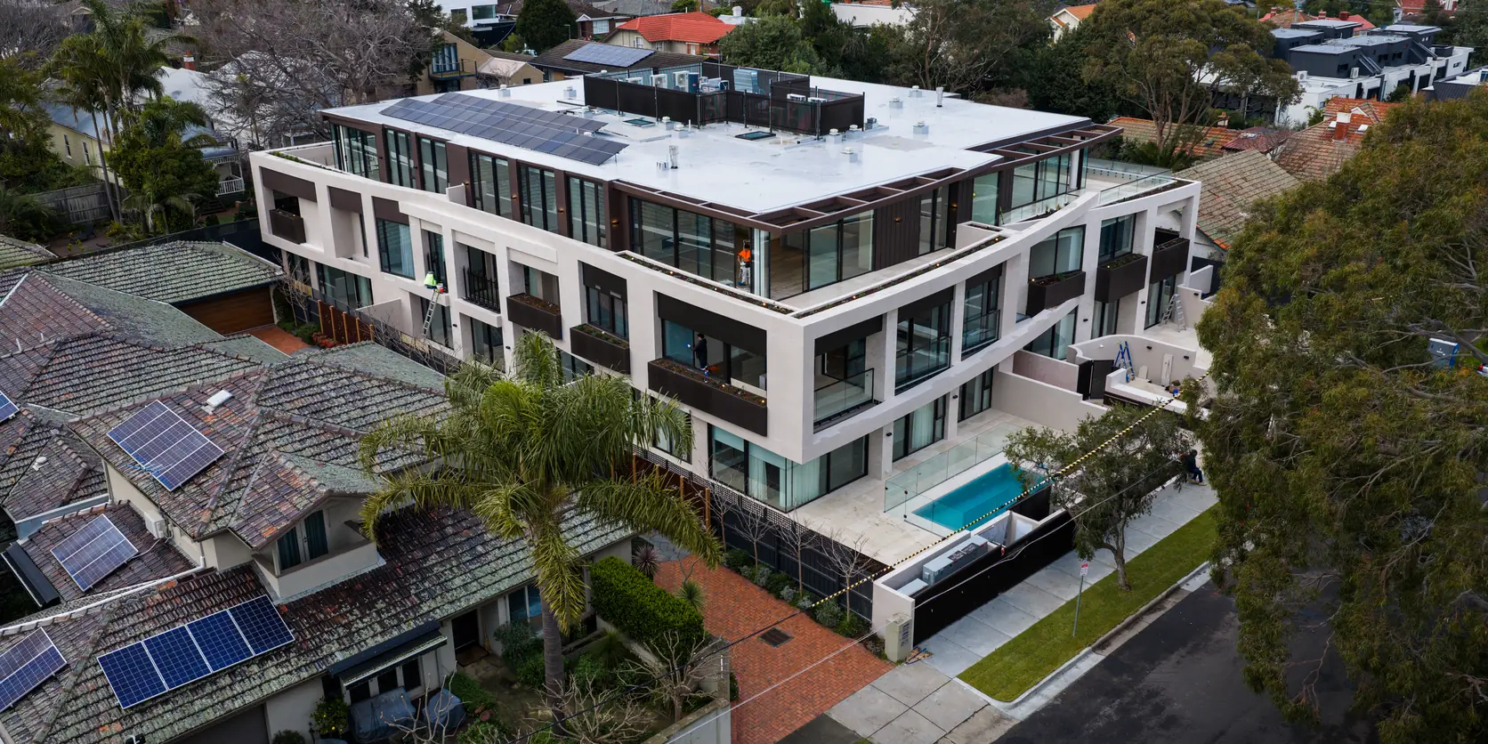 Drone view of the 18 apartment Kover development in Hampton